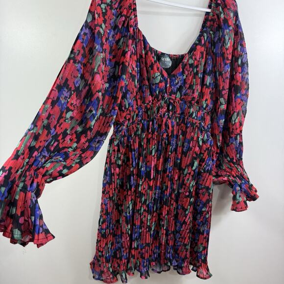 Arula New Black Floral Pleated Mini Dress 1X Long Balloon Sleeve Ruffle Cuffs - Picture 5 of 15